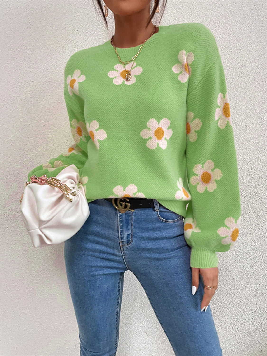 Flower Round Neck Latern Sleeve Sweater - The Boutie Shop