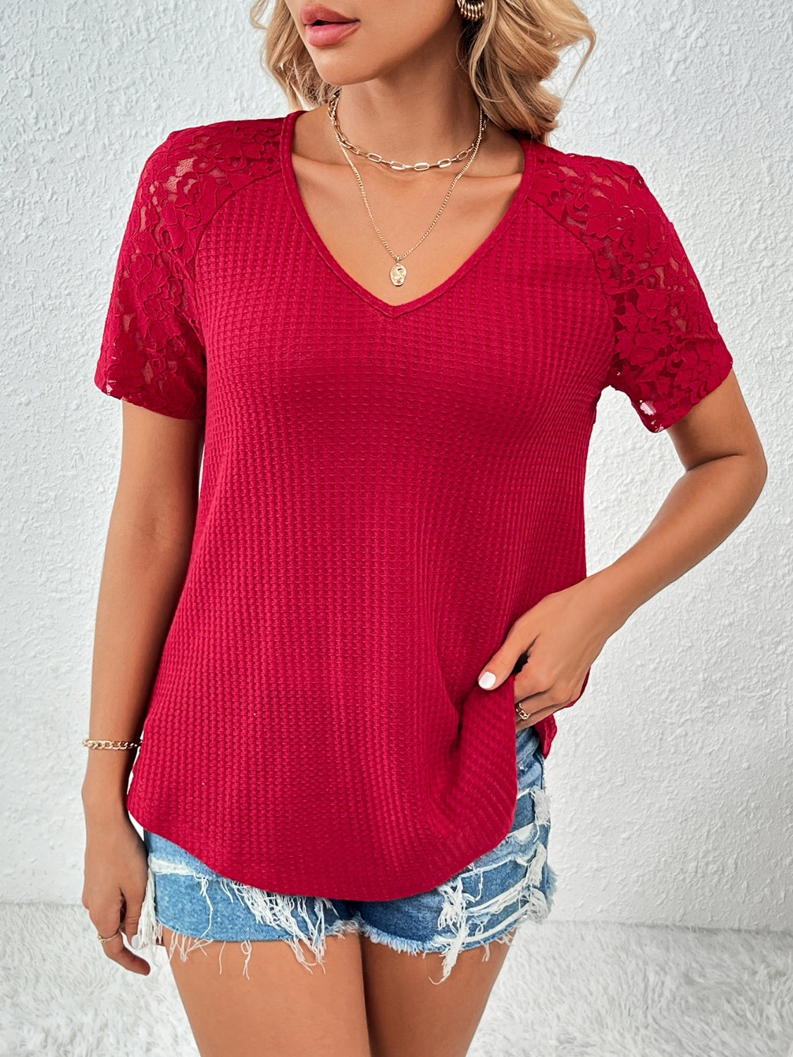 Ivy Lane Lace Detail V-Neck Short Sleeve T-Shirt - The Boutie Shop