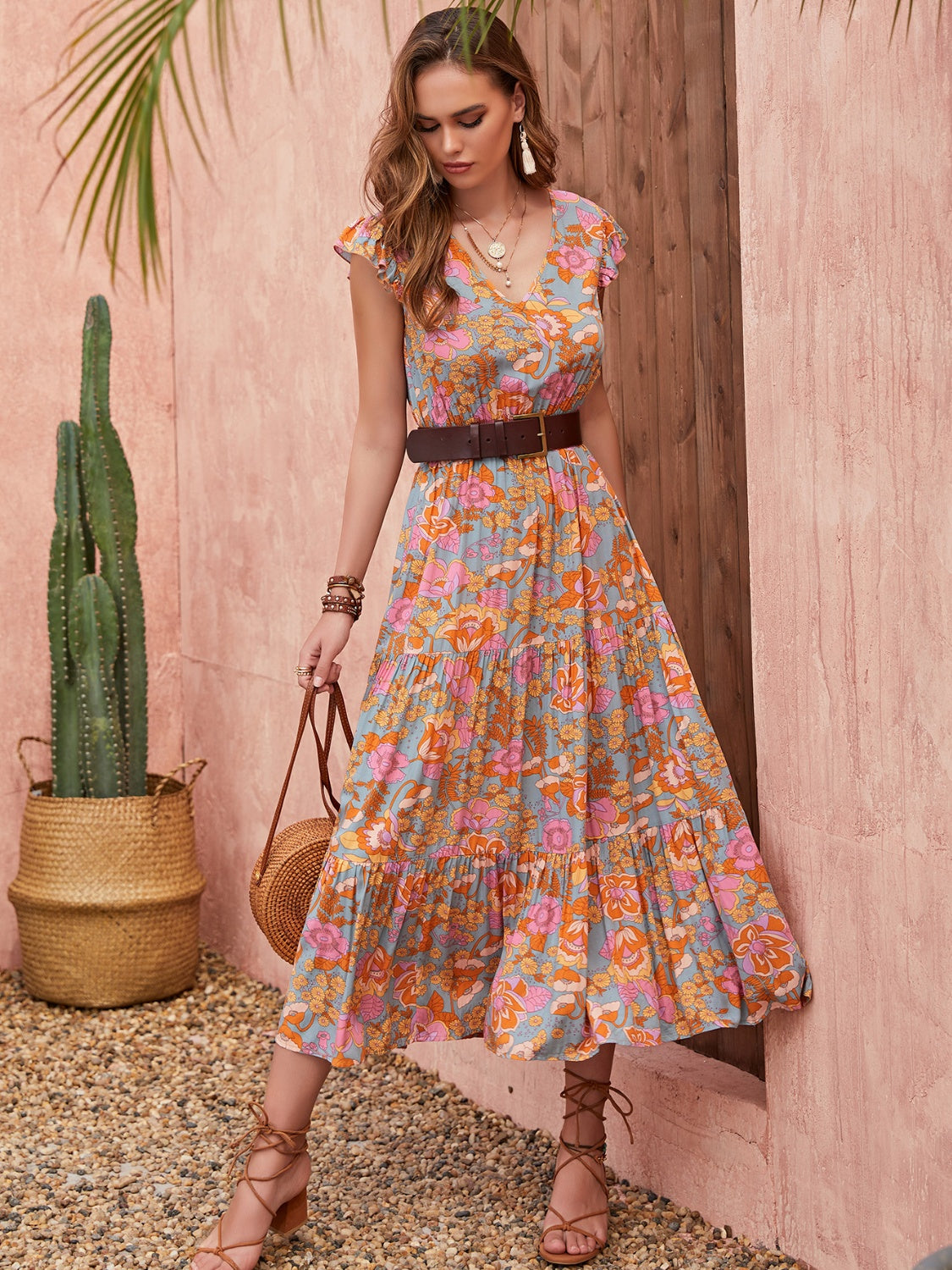 Ruffled Printed V-Neck Cap Sleeve Tiered Dress - The Boutie Shop