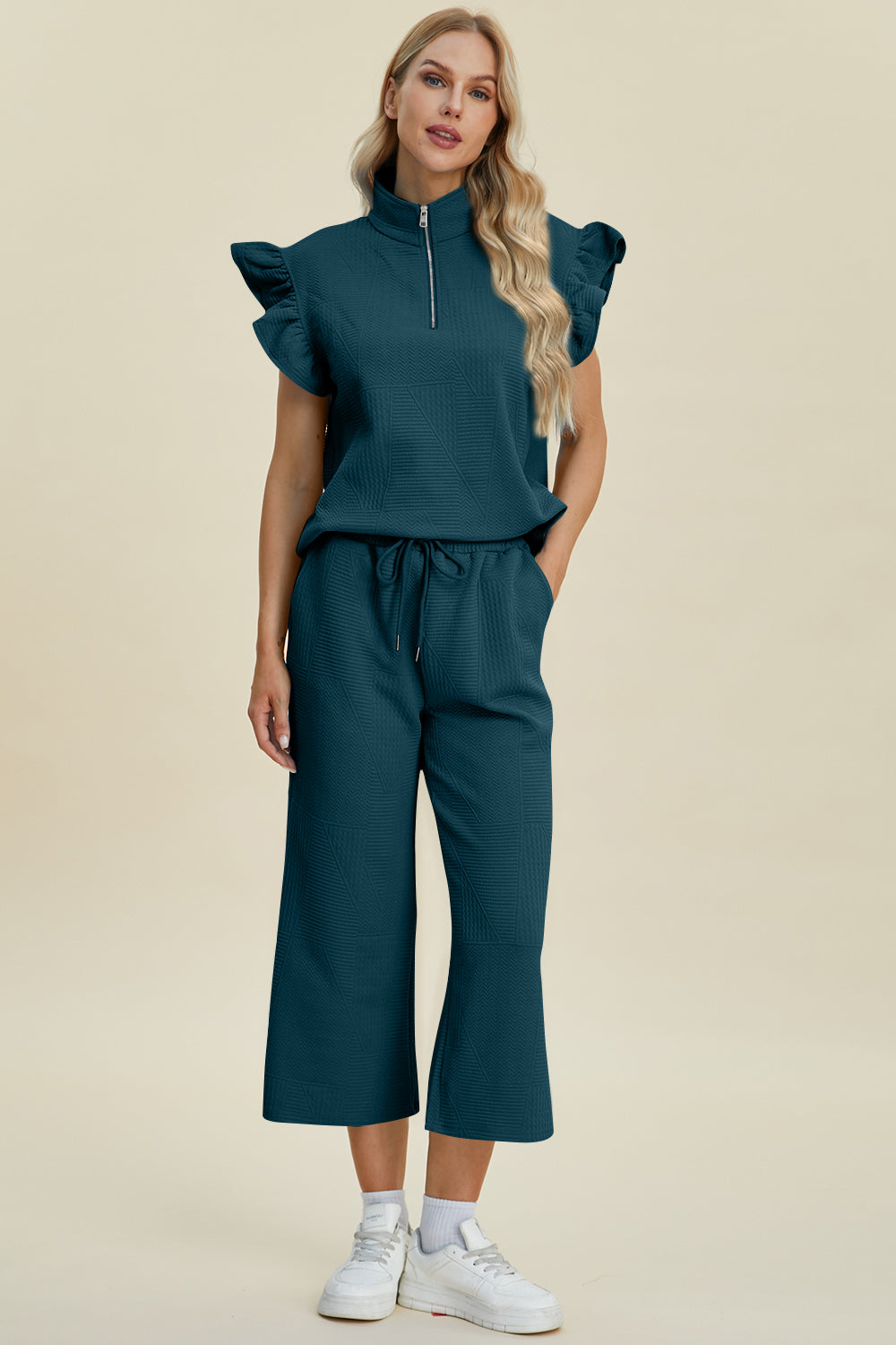 Double Take Full Size Texture Ruffle Short Sleeve Top and Wide Leg Pants Set - The Boutie Shop