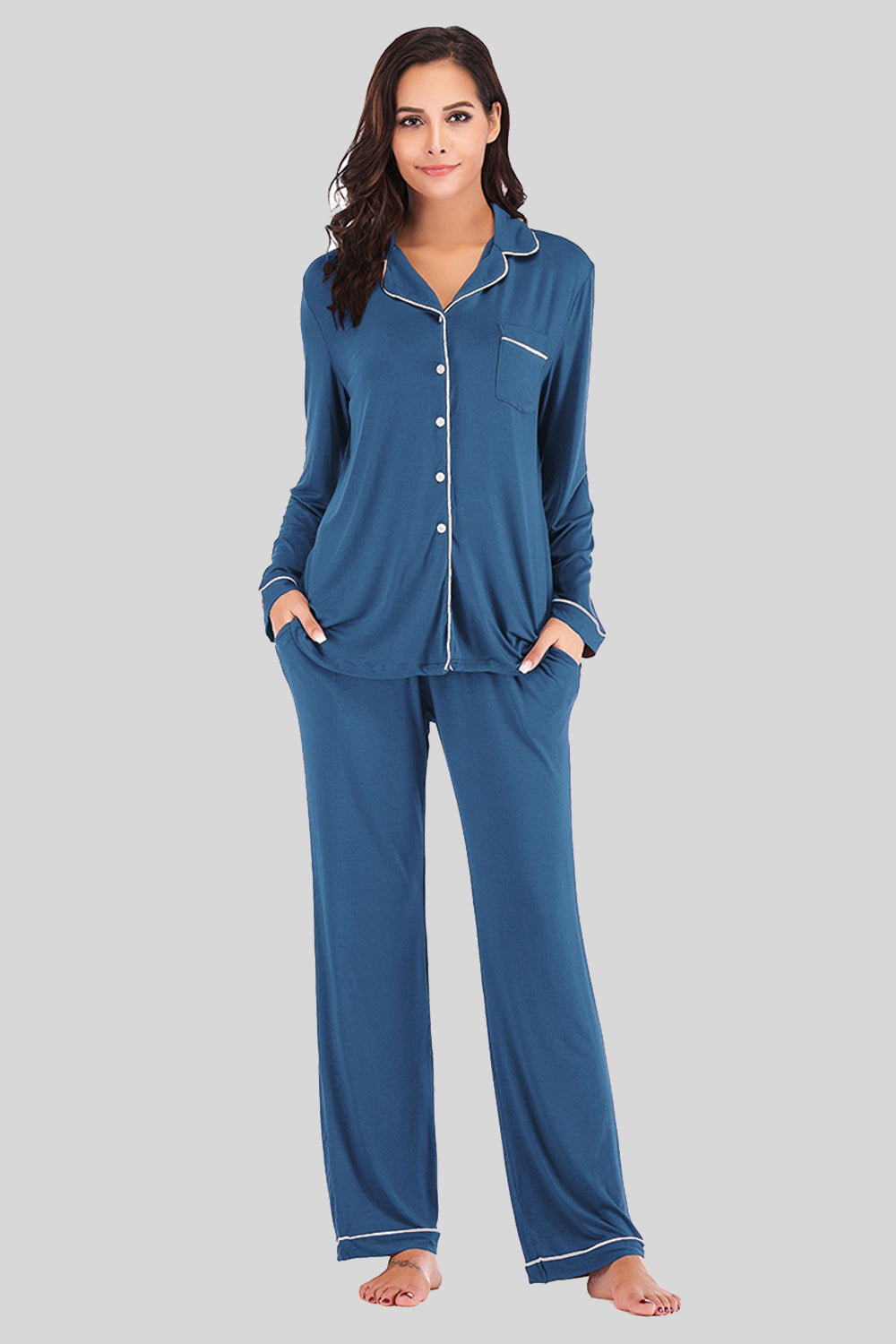 Collared Neck Long Sleeve Loungewear Set with Pockets - The Boutie Shop