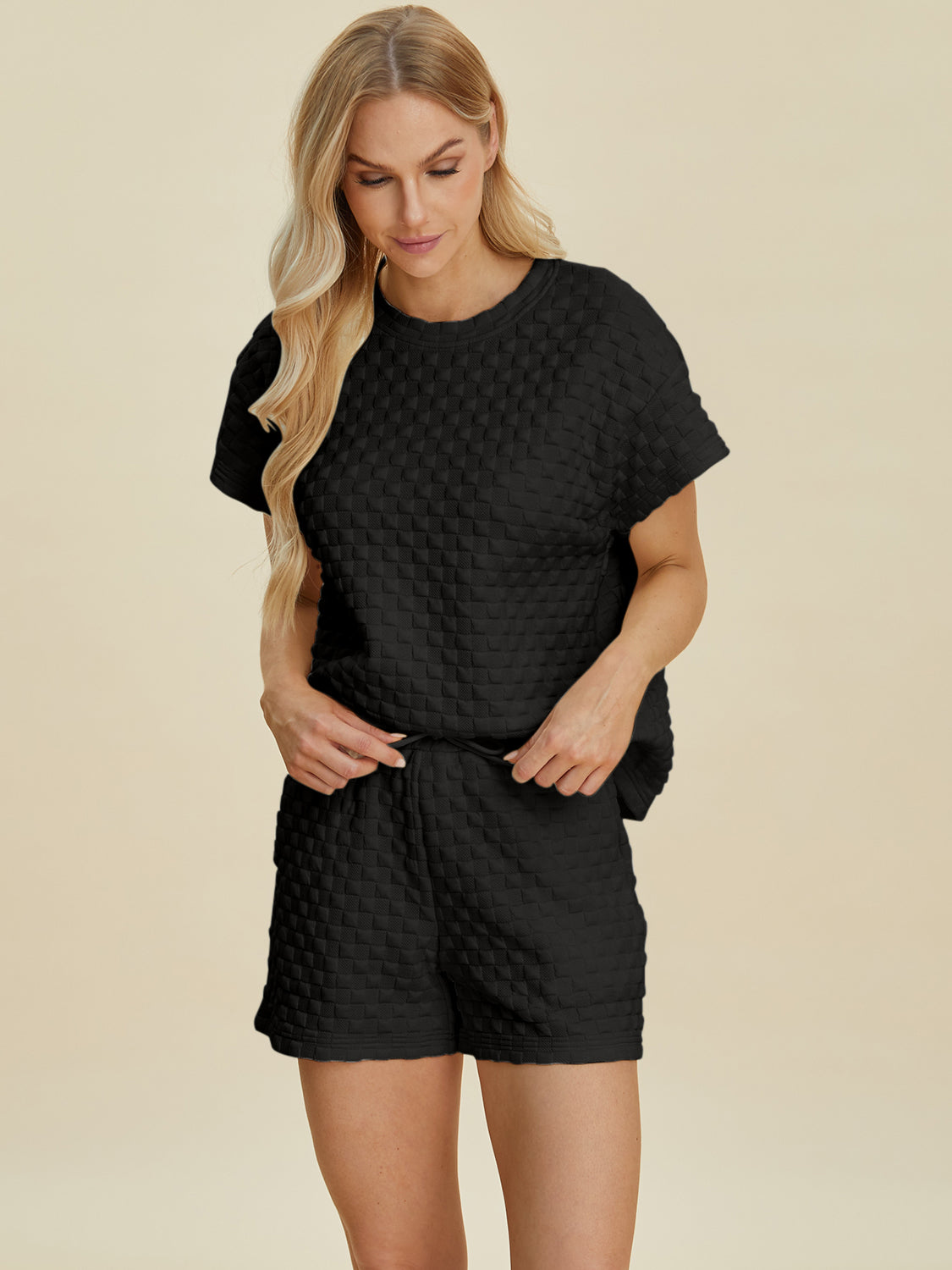 Double Take Full Size Texture T-Shirt and Shorts Set - The Boutie Shop