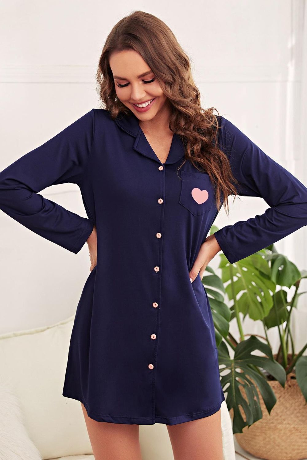 Heart Graphic Lapel Collar Night Shirt Dress - The Boutie Shop