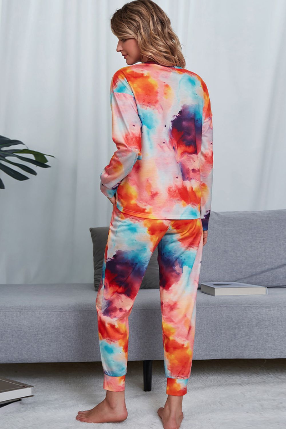 Shiny Tie-Dye Crewneck Top and Drawstring Waist Joggers Lounge Set - The Boutie Shop