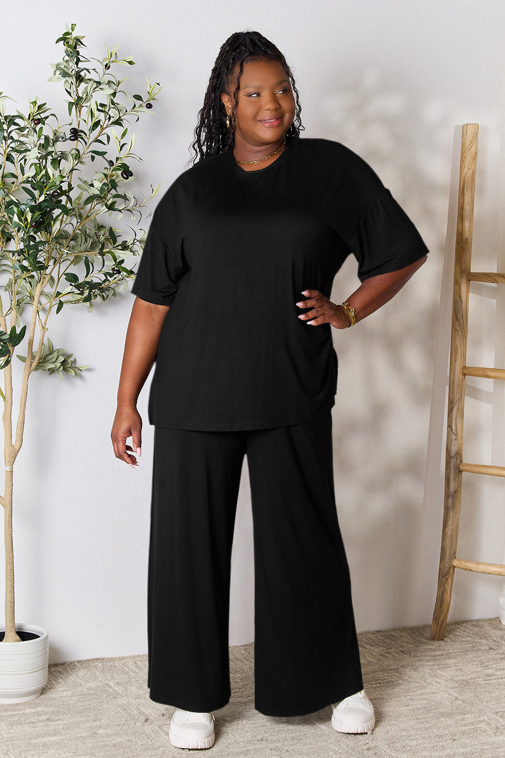 Double Take Full Size Round Neck Slit Top and Pants Set - The Boutie Shop