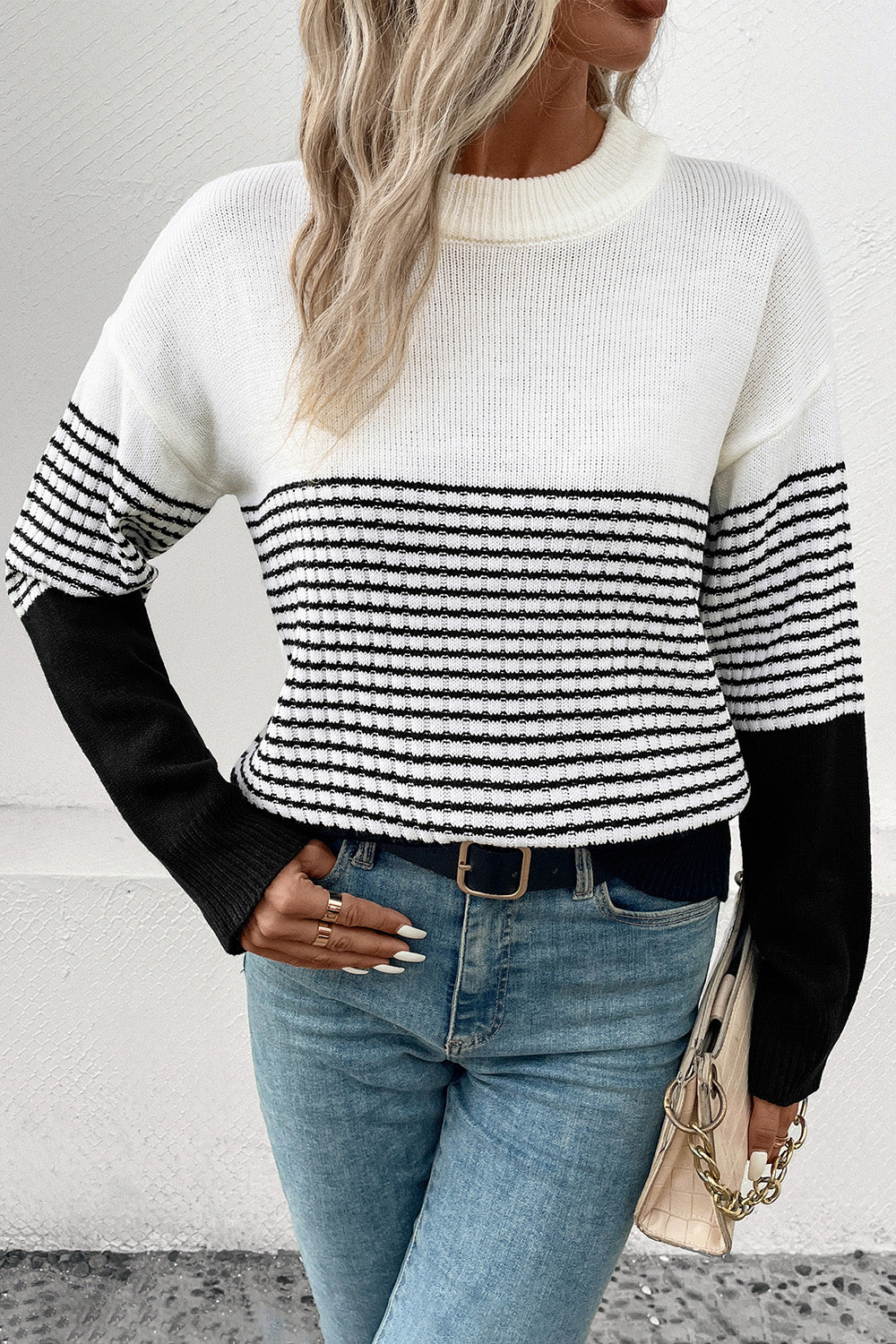 Perfee Striped Drop Shoulder Sweater - The Boutie Shop