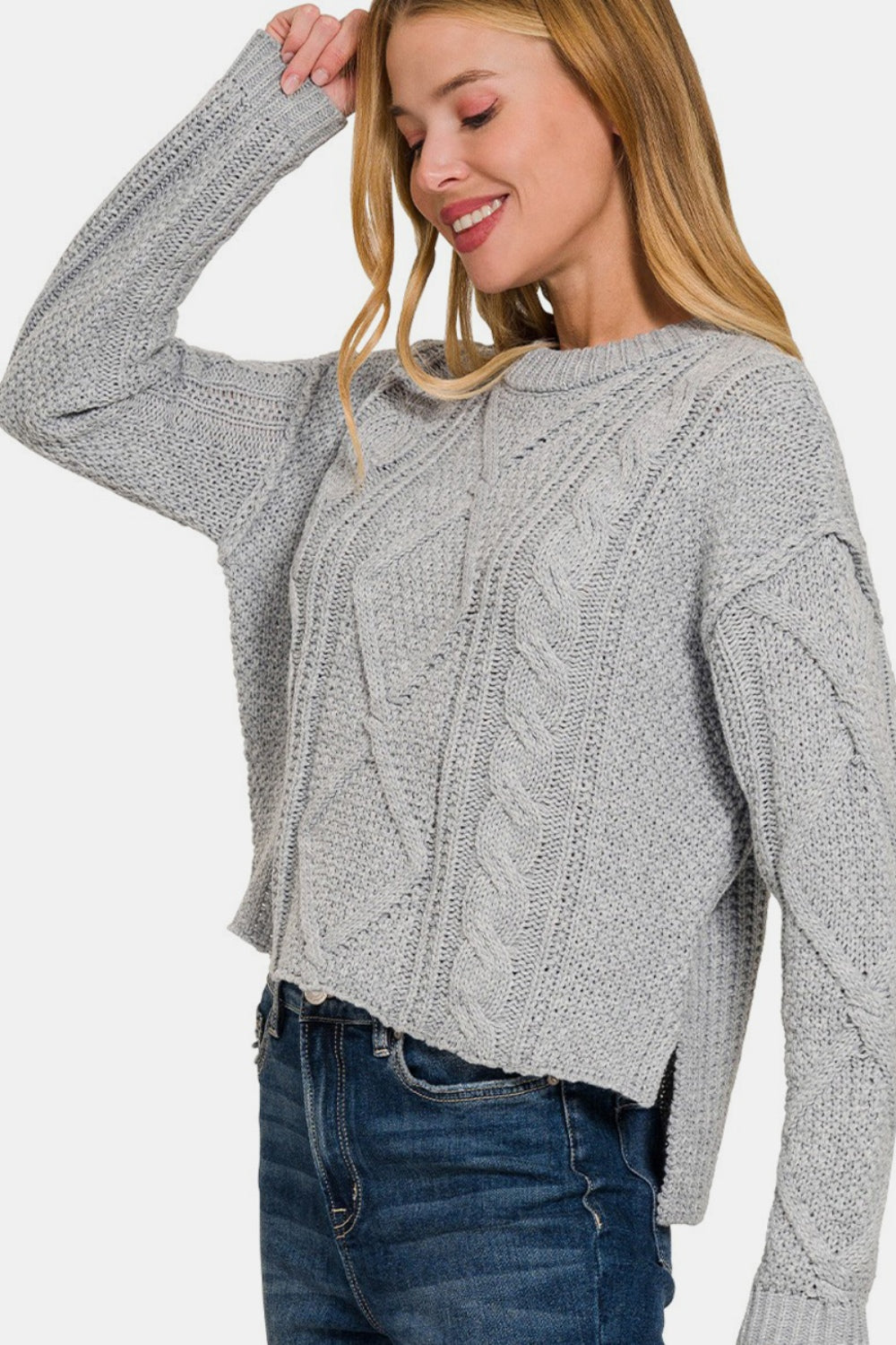 Zenana Cropped High Low Cable Sweater with Side Slits - The Boutie Shop