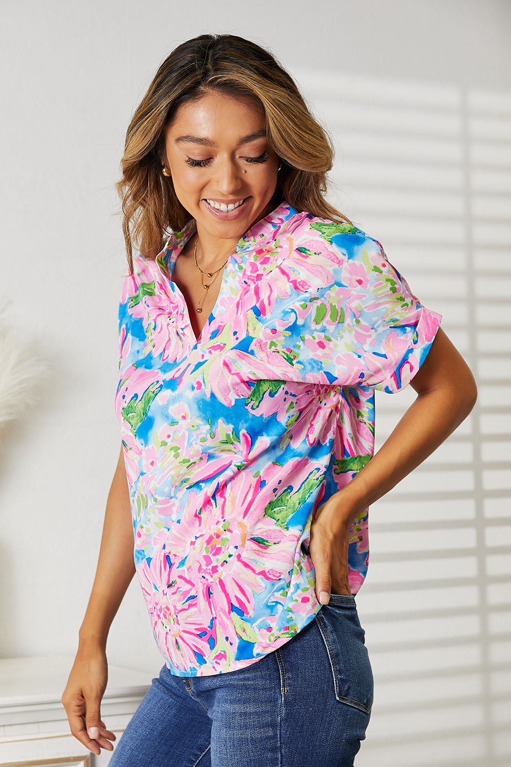 Double Take Floral Notched Neck Short Sleeve Top - The Boutie Shop