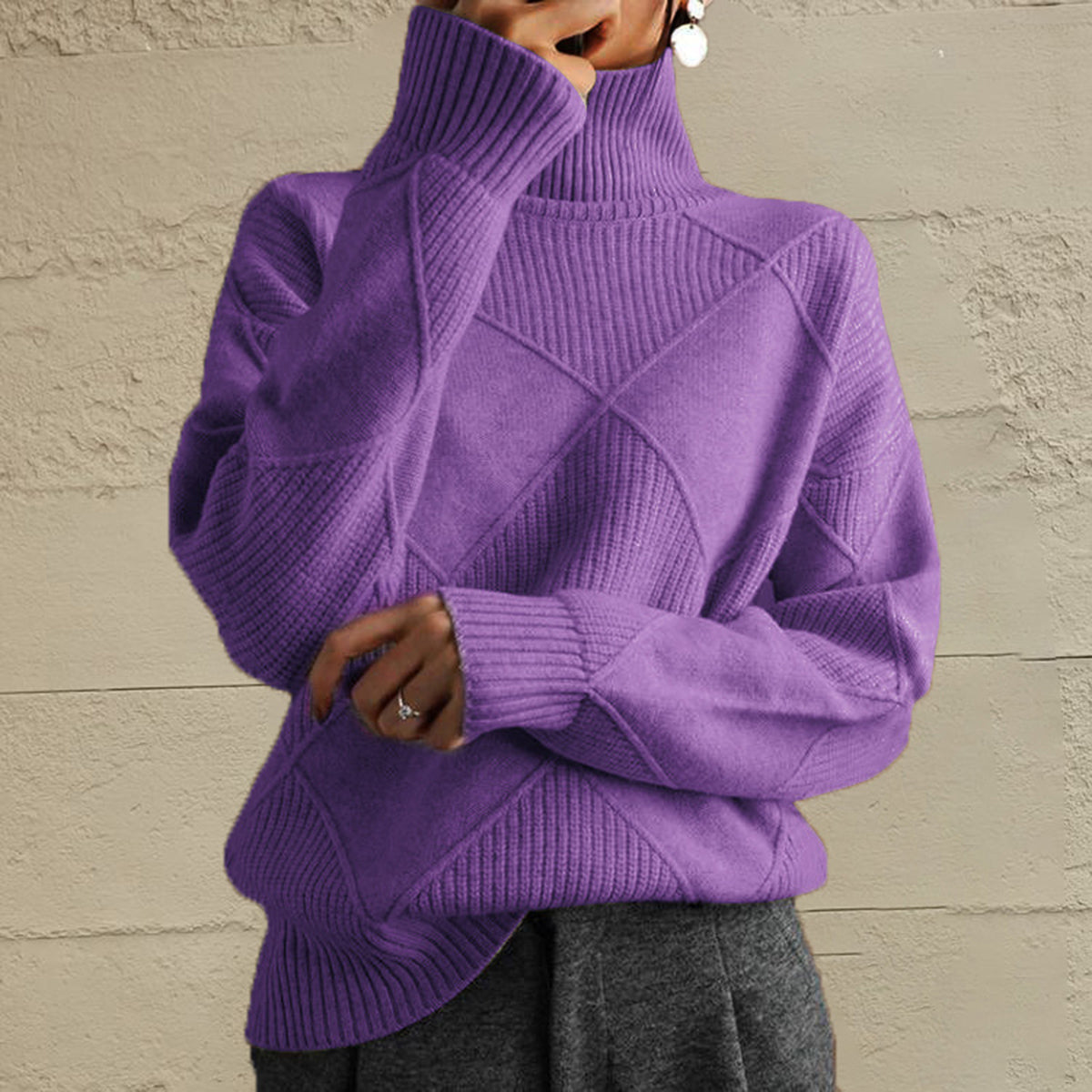 Geometric Turtleneck Long Sleeve Sweater - The Boutie Shop