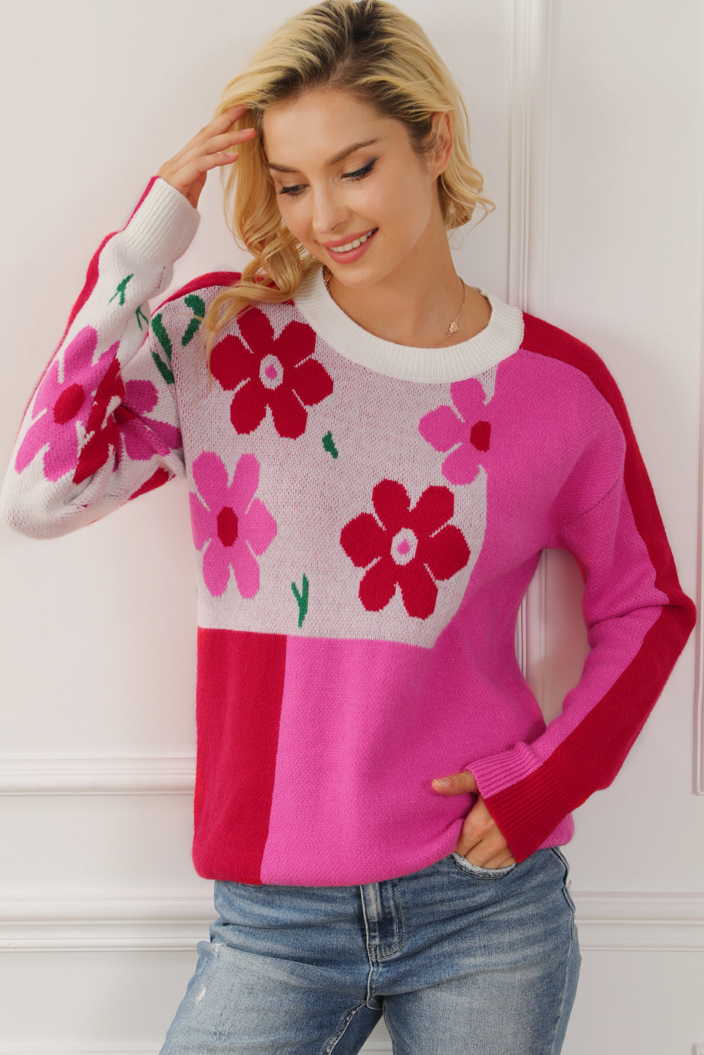 Floral Round Neck Dropped Shoulder Sweater - The Boutie Shop