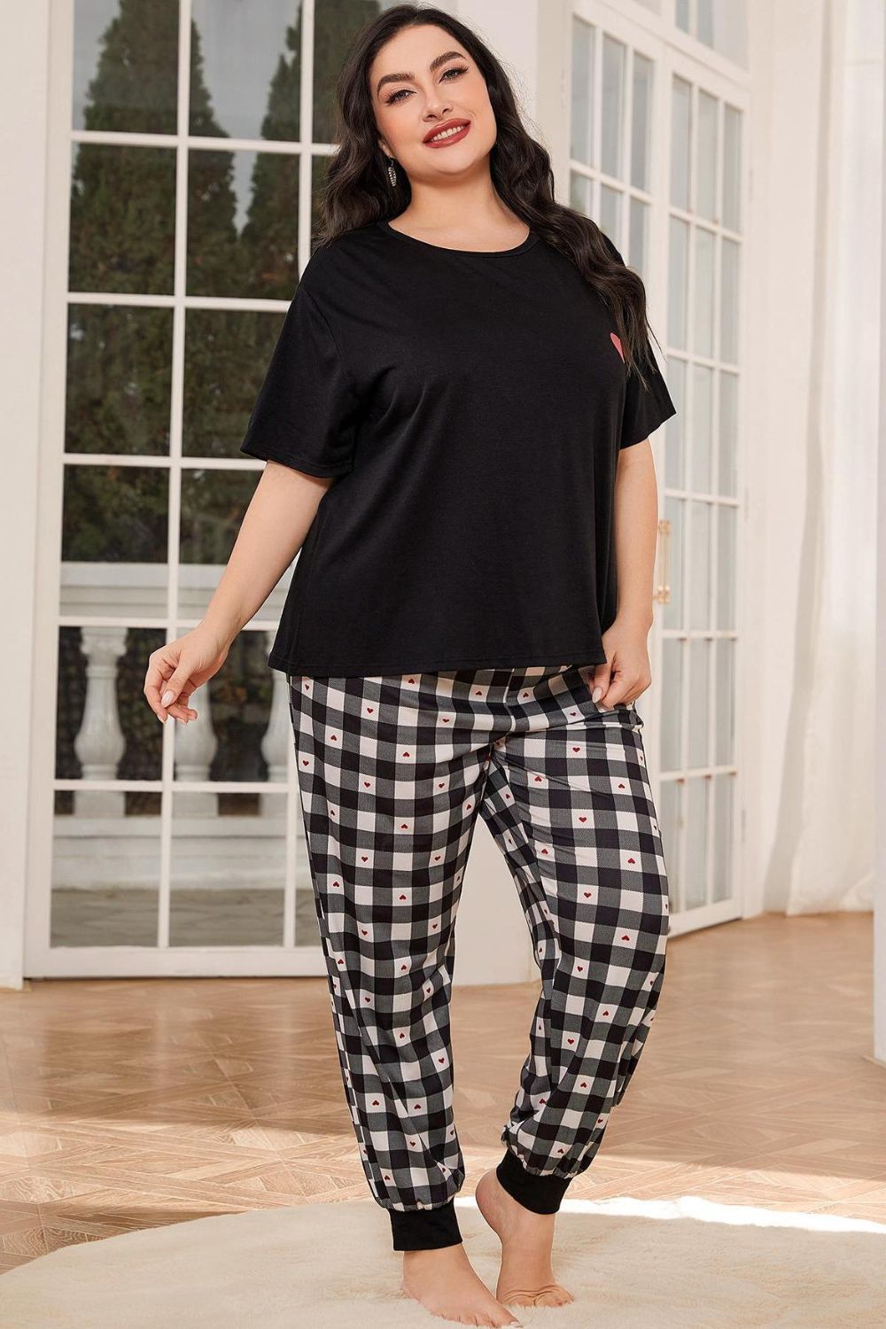 Plus Size Round Neck Short Sleeve Two-Piece Lounge Set - The Boutie Shop