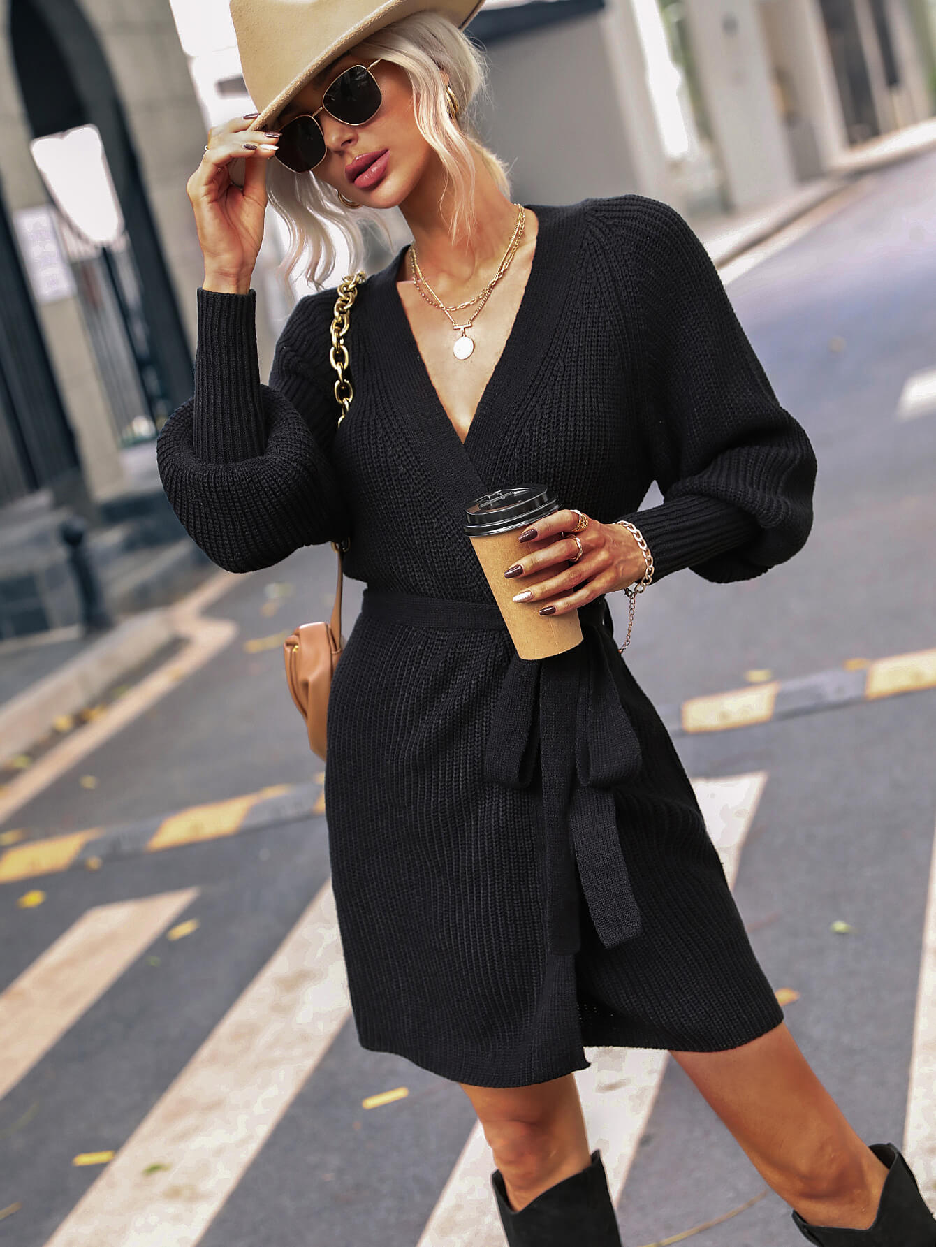 Belted Surplice Lantern Sleeve Wrap Sweater Dress - The Boutie Shop