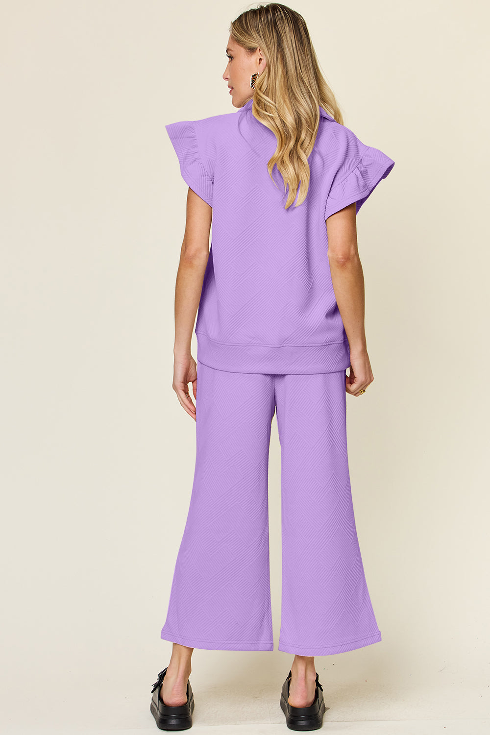 Double Take Texture Ruffle Short Sleeve Top and Drawstring Wide Leg Pants Set - The Boutie Shop