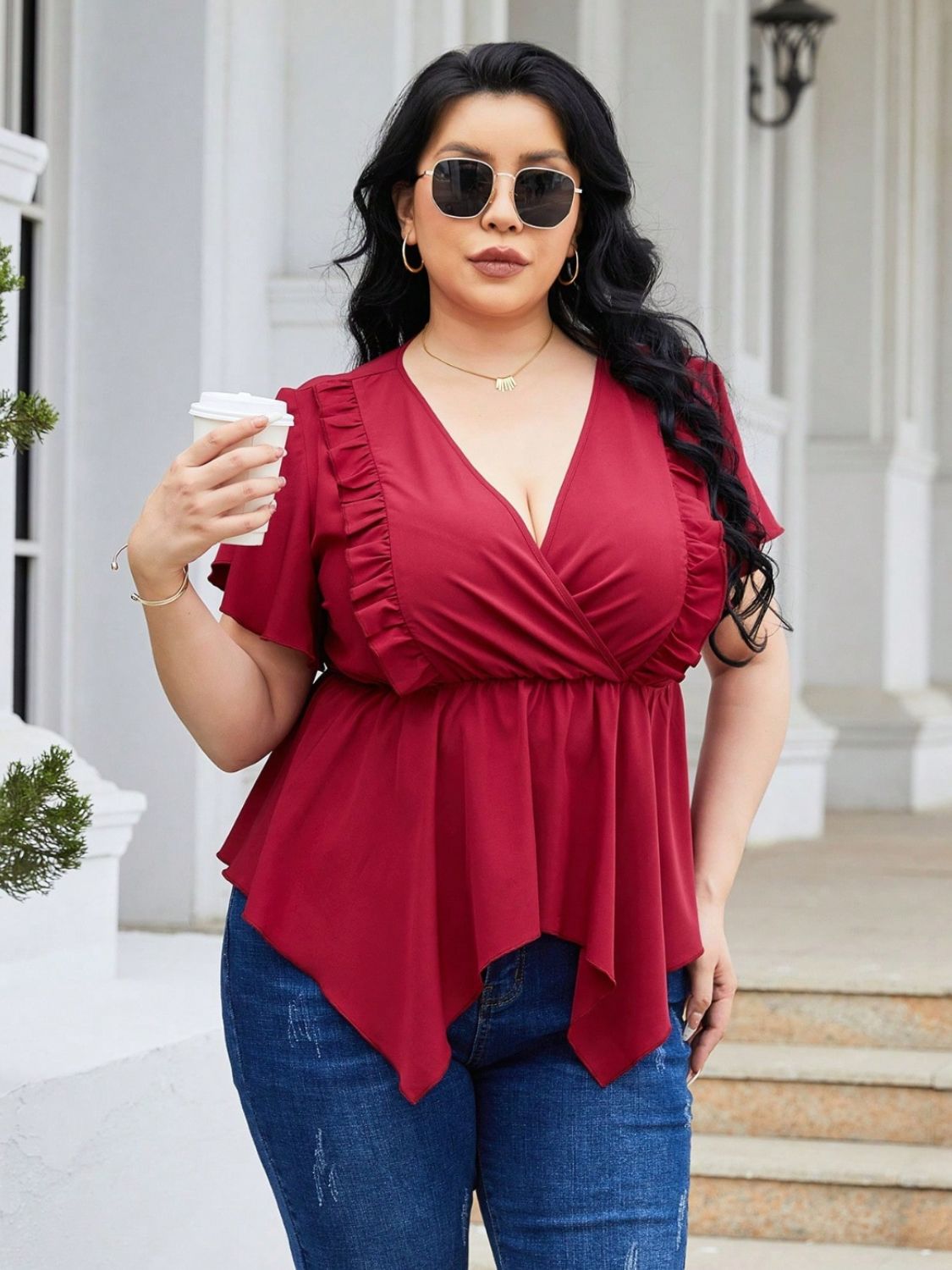 Plus Size Frill Surplice Flutter Sleeve Blouse - The Boutie Shop