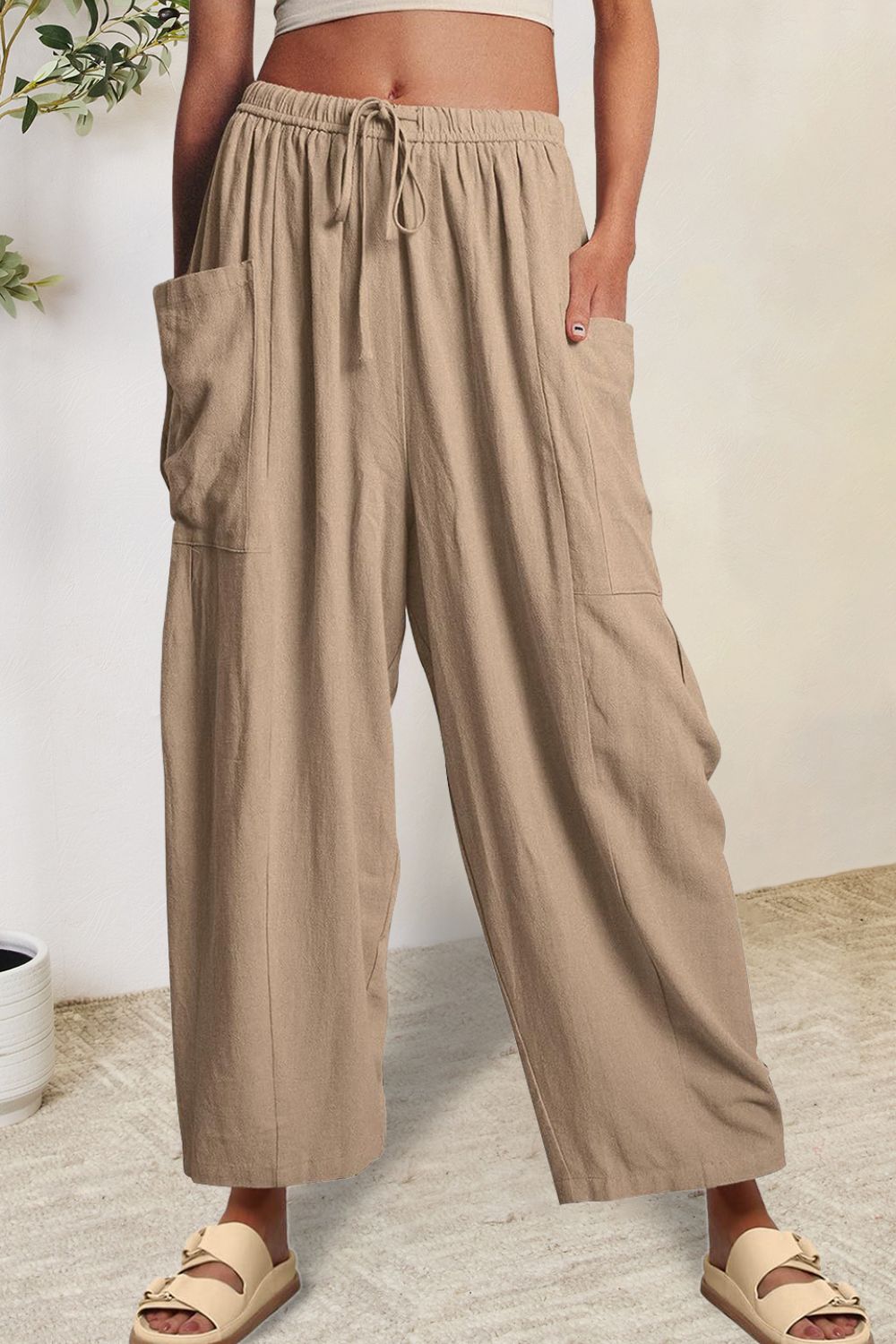 Full Size Pocketed Drawstring Wide Leg Pants - The Boutie Shop