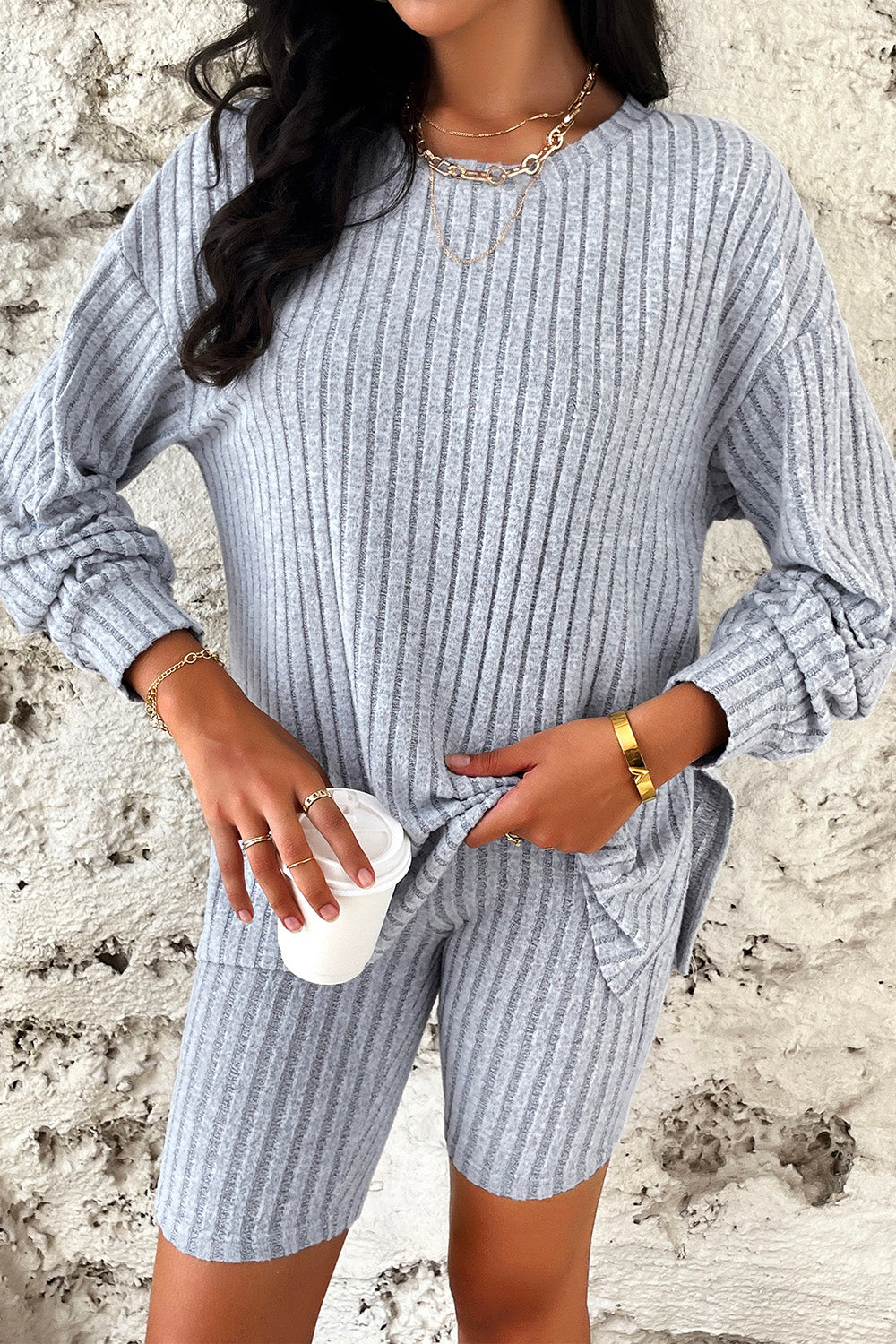 Devine Ribbed Round Neck Dropped Shoulder Top and Shorts Set - The Boutie Shop