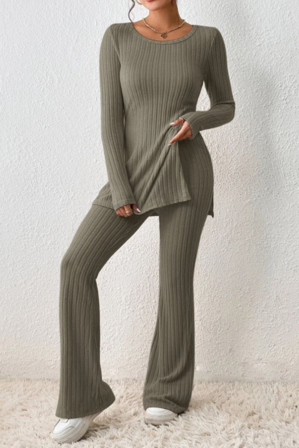 Ribbed Long Sleeve Slit Top and Bootcut Pants Set - The Boutie Shop