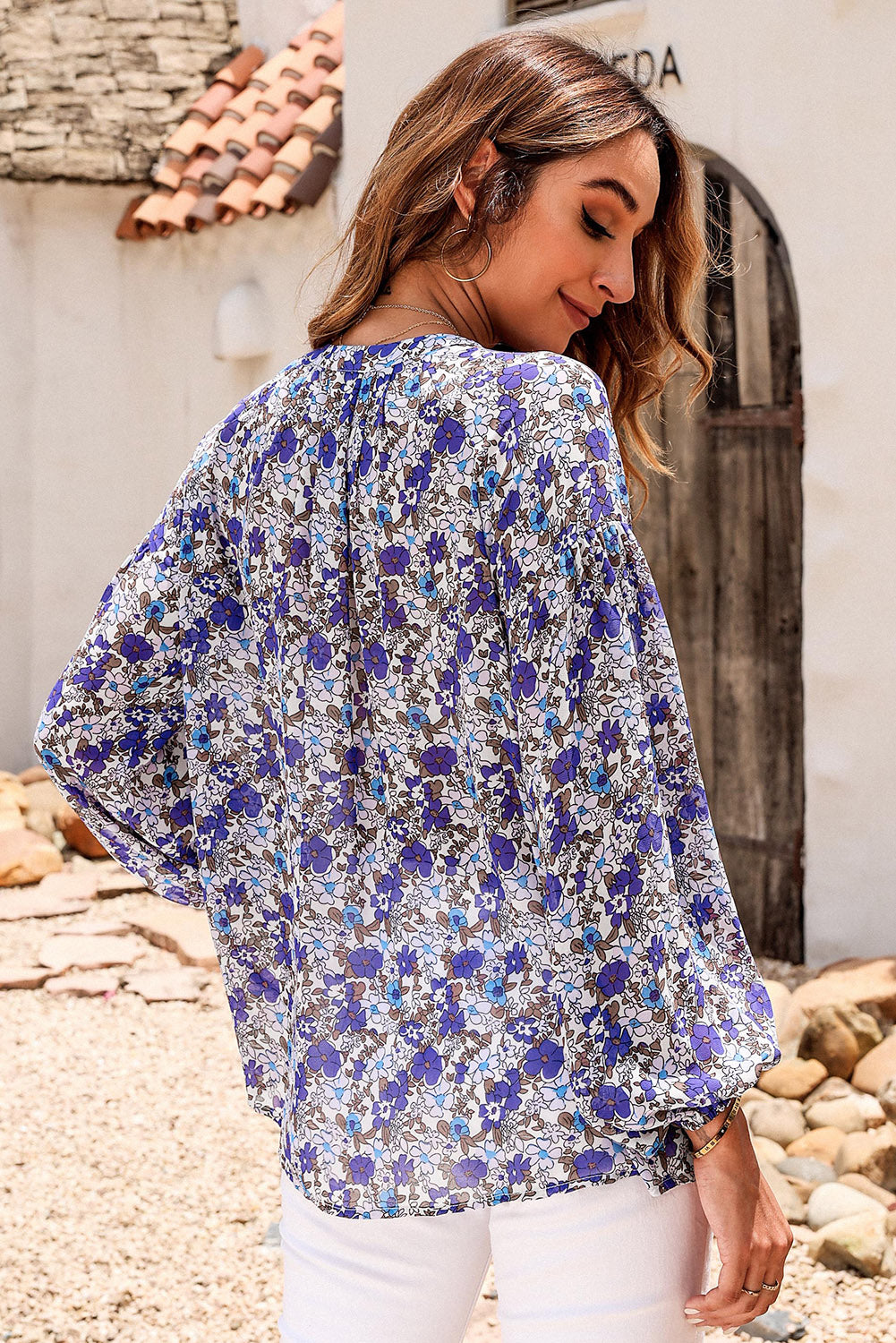 Printed Notched Balloon Sleeve Blouse - The Boutie Shop