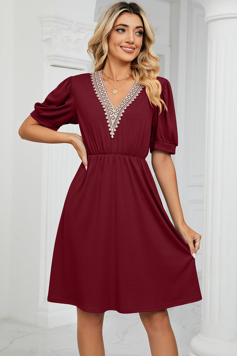 V-Neck Puff Sleeve Dress - The Boutie Shop