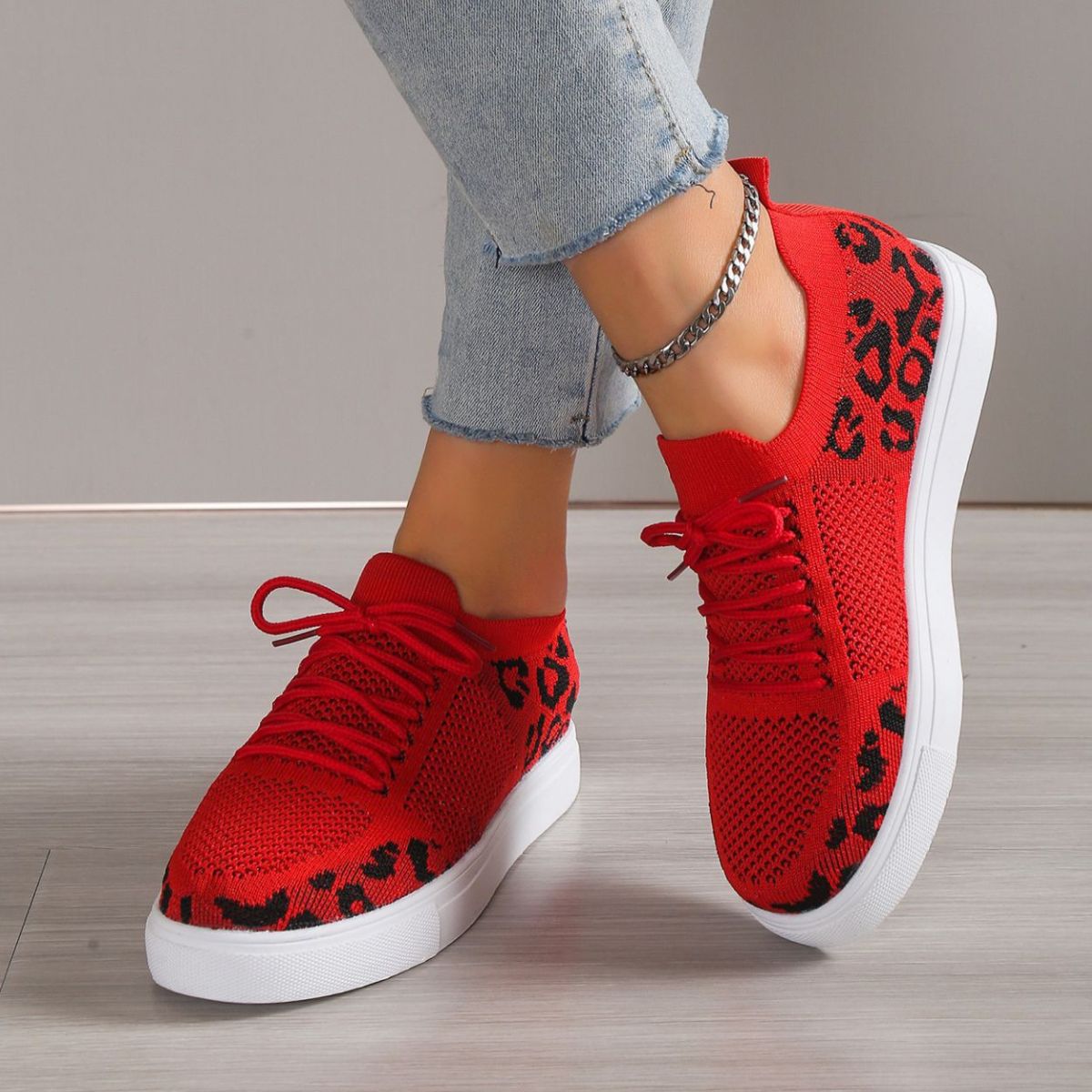 Lace-Up Leopard Flat Sneakers - The Boutie Shop