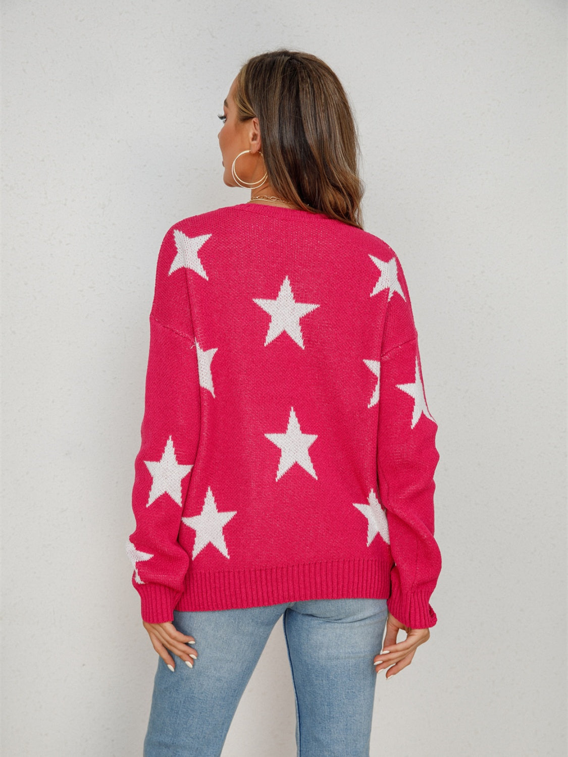 Angel Wings Star Round Neck Dropped Shoulder Sweater - The Boutie Shop