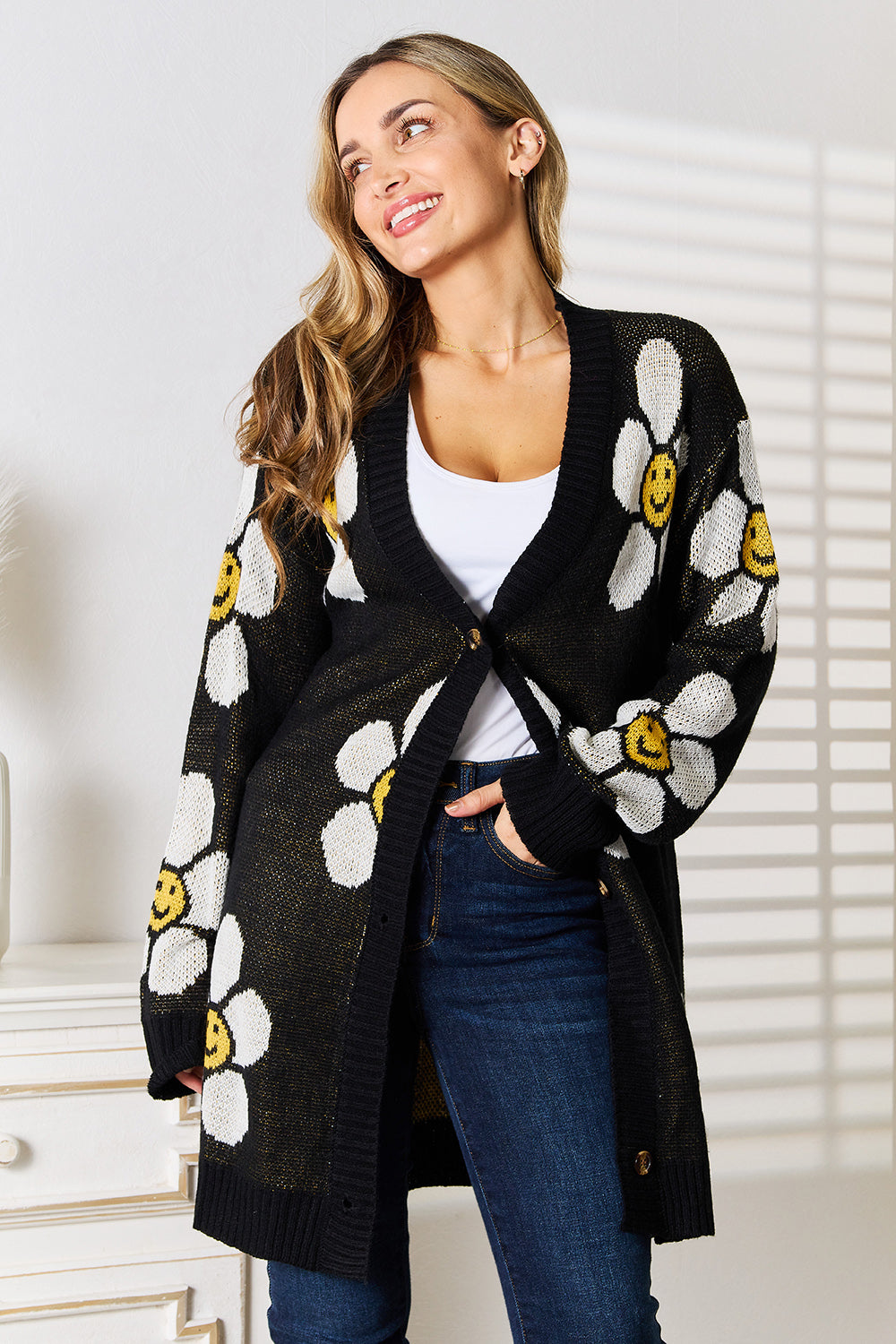 Perfee Floral Button Down Longline Cardigan - The Boutie Shop