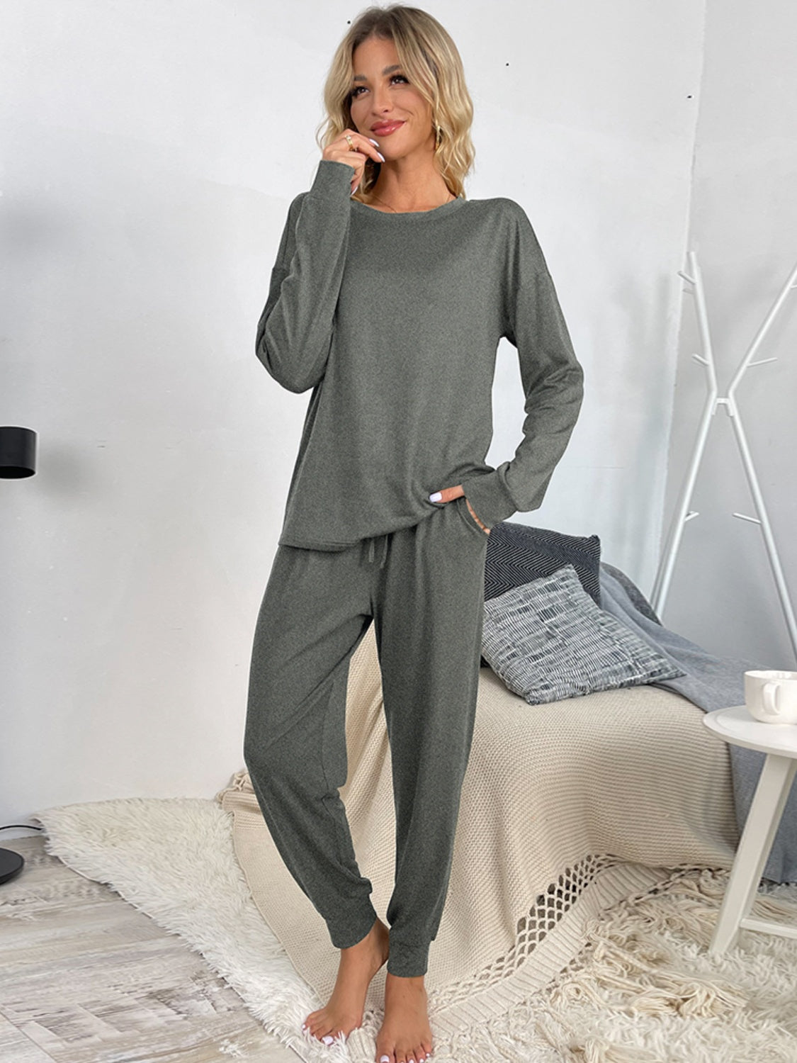 Shiny Round Neck Top and Drawstring Pants Lounge Set - The Boutie Shop