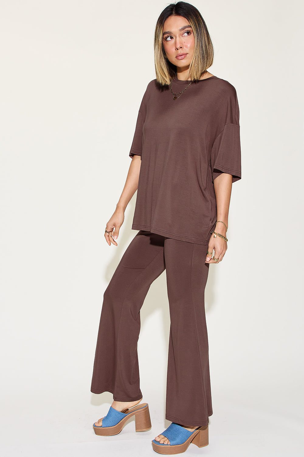 Basic Bae Full Size Bamboo Drop Shoulder T-Shirt and Flare Pants Set - The Boutie Shop