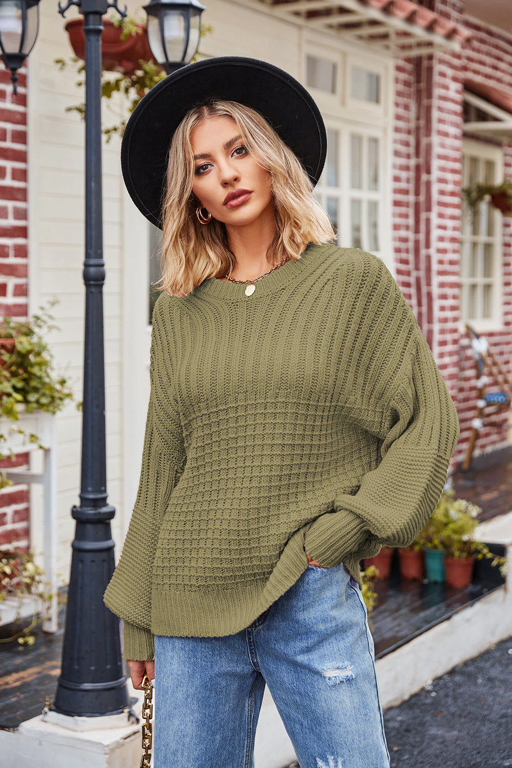 Ribbed Drop Shoulder Lantern Sleeve Sweater - The Boutie Shop