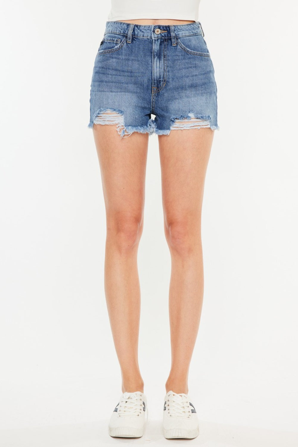 Kancan Distressed Raw Hem High Waist Denim Shorts - The Boutie Shop