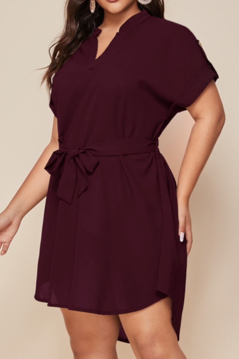 Plus Size Notched Tie Waist Mini Dress - The Boutie Shop