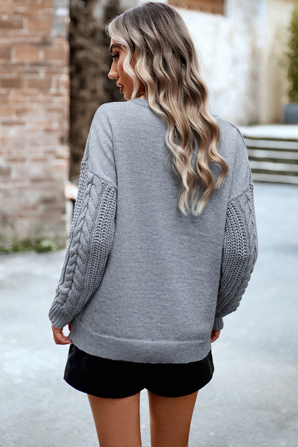 Devine Cable-Knit Round Neck Drop Shoulder Sweater - The Boutie Shop