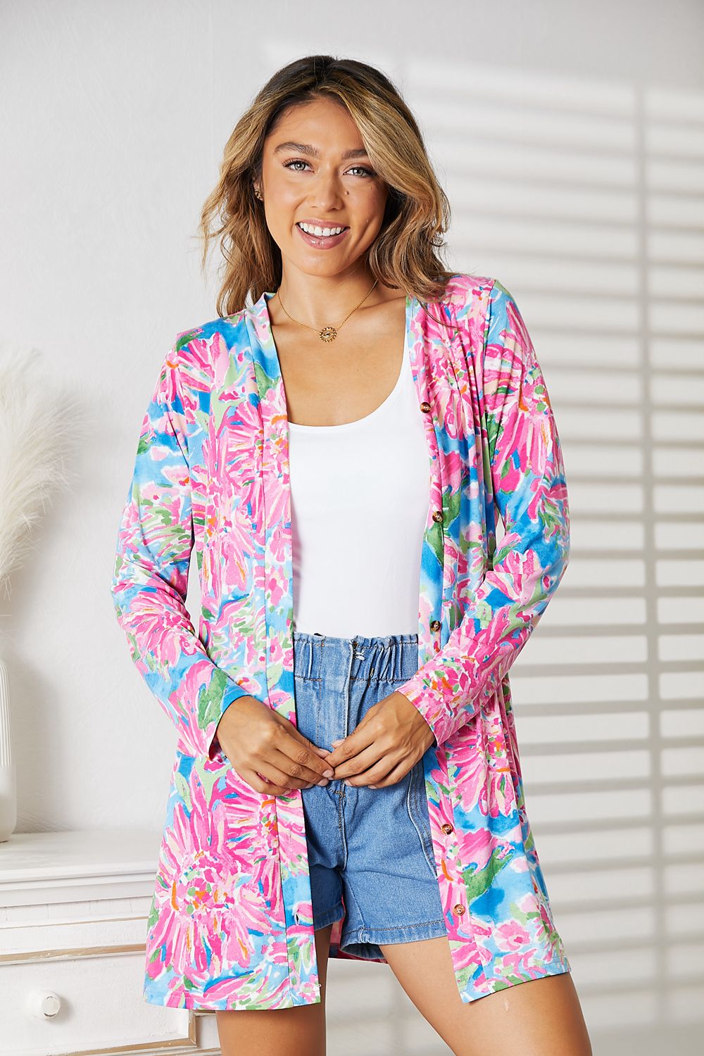 Double Take Floral Open Front Long Sleeve Cardigan - The Boutie Shop