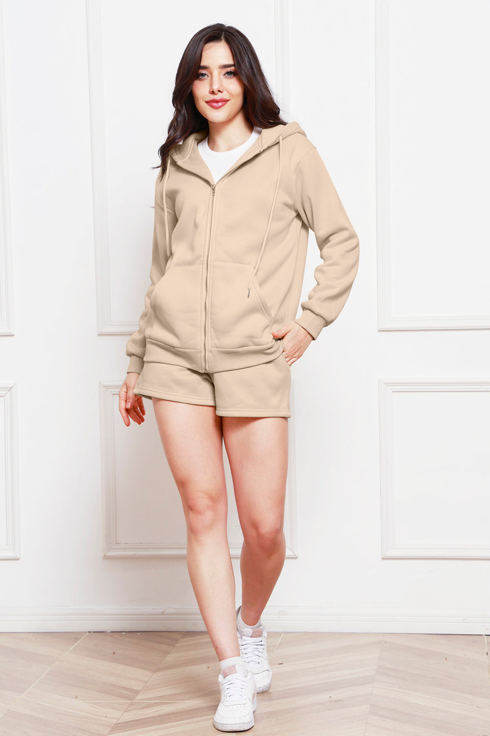 Zip Up Drawstring Hoodie and Shorts Set - The Boutie Shop