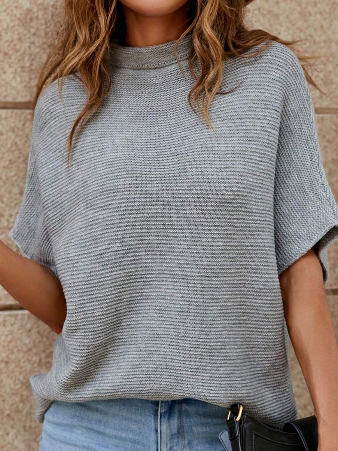 Mock Neck Short Sleeve Sweater - The Boutie Shop
