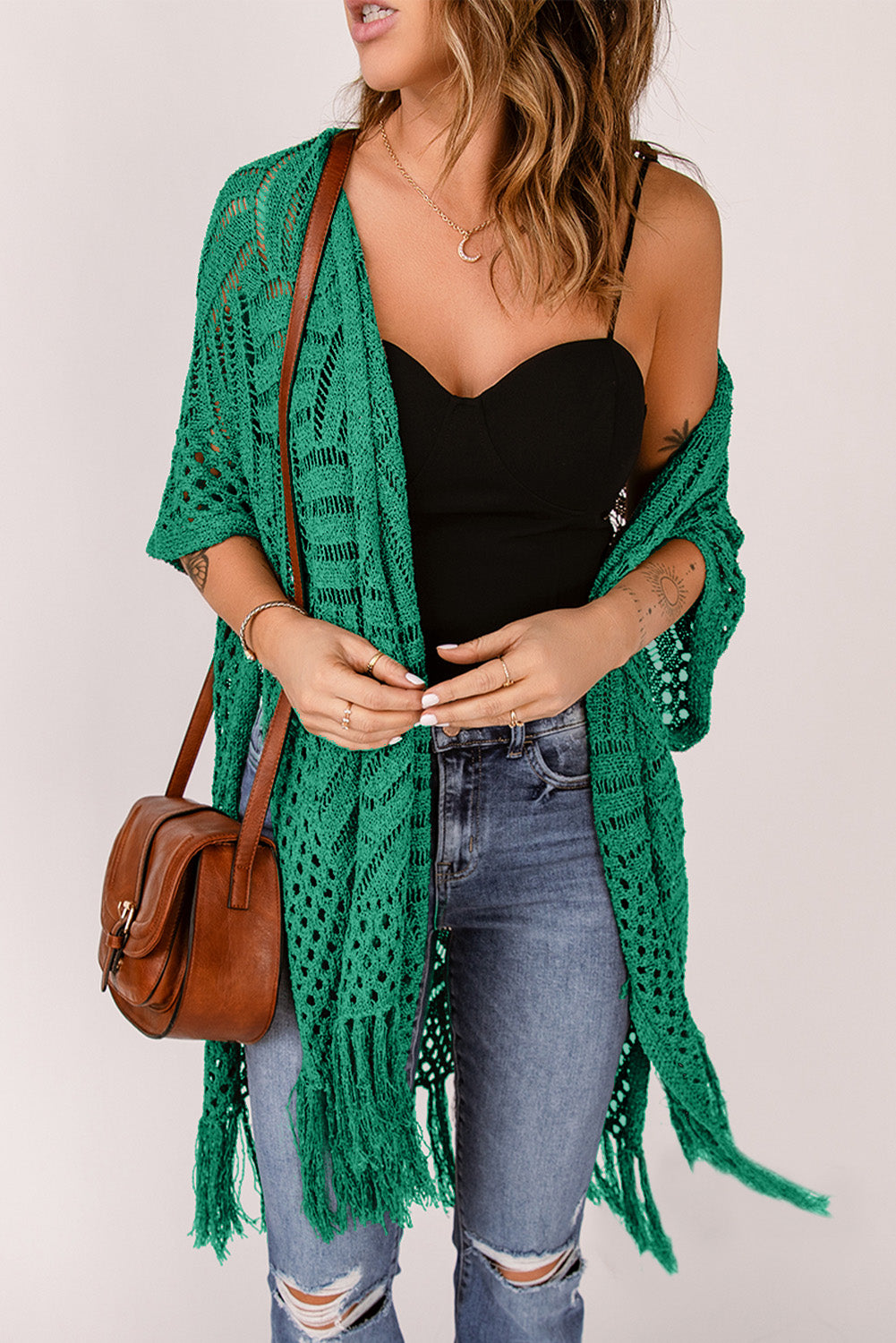 Openwork Open Front Cardigan with Fringes - The Boutie Shop