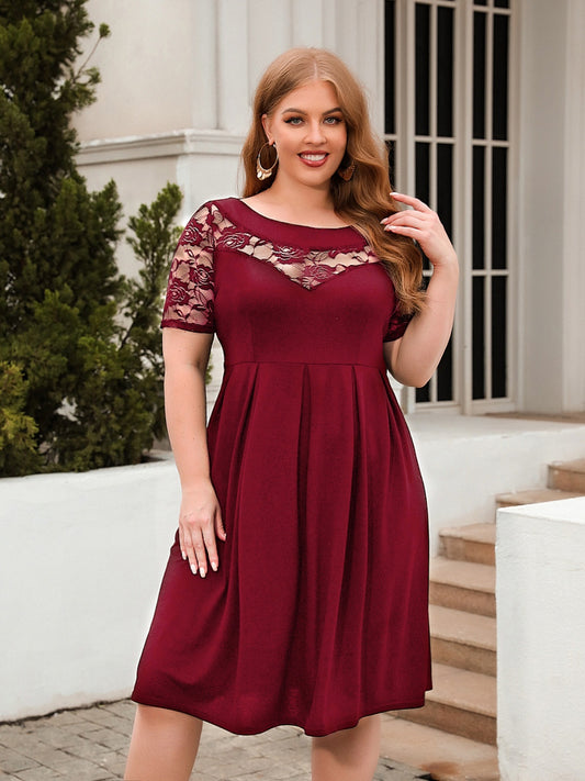 Plus Size Ruched Round Neck Short Sleeve Dress - The Boutie Shop