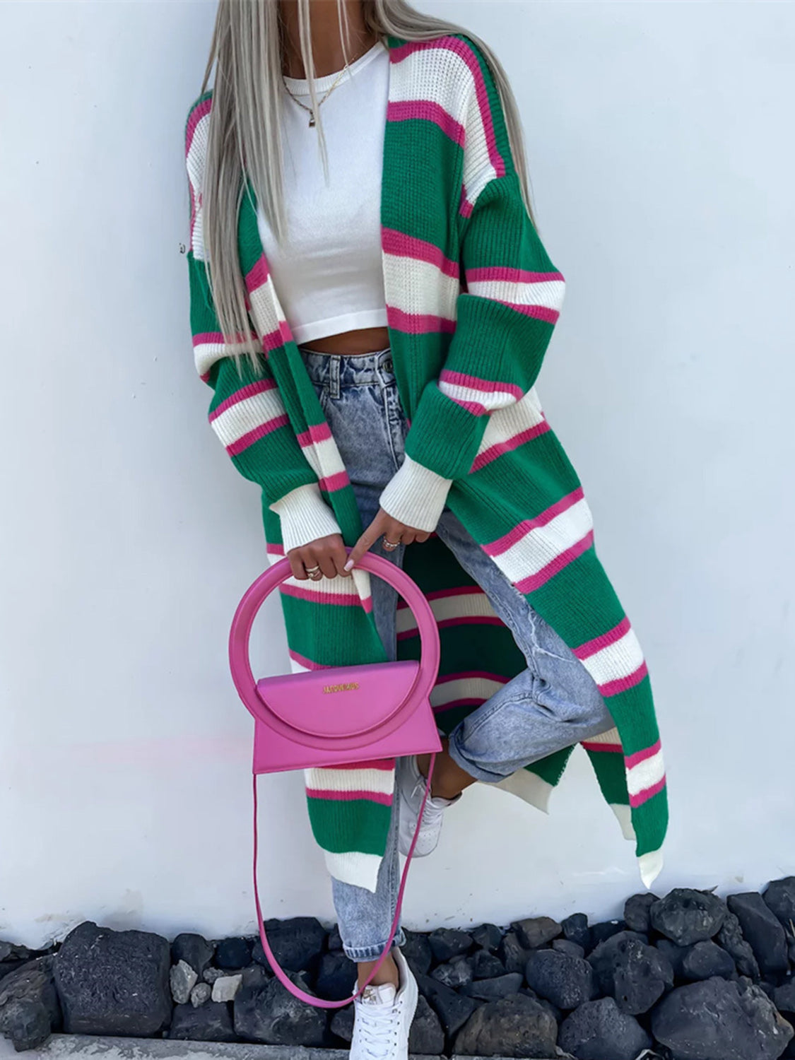 Striped Open Front Longline Cardigan - The Boutie Shop