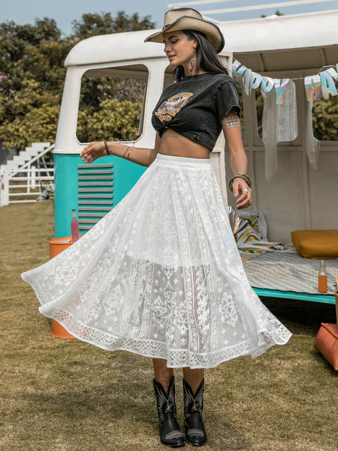 Embroidered Elastic Waist Skirt - The Boutie Shop