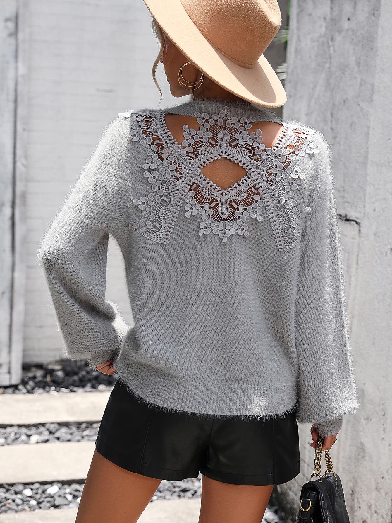 Lace Detail Cutout Long Sleeve Pullover Sweater - The Boutie Shop