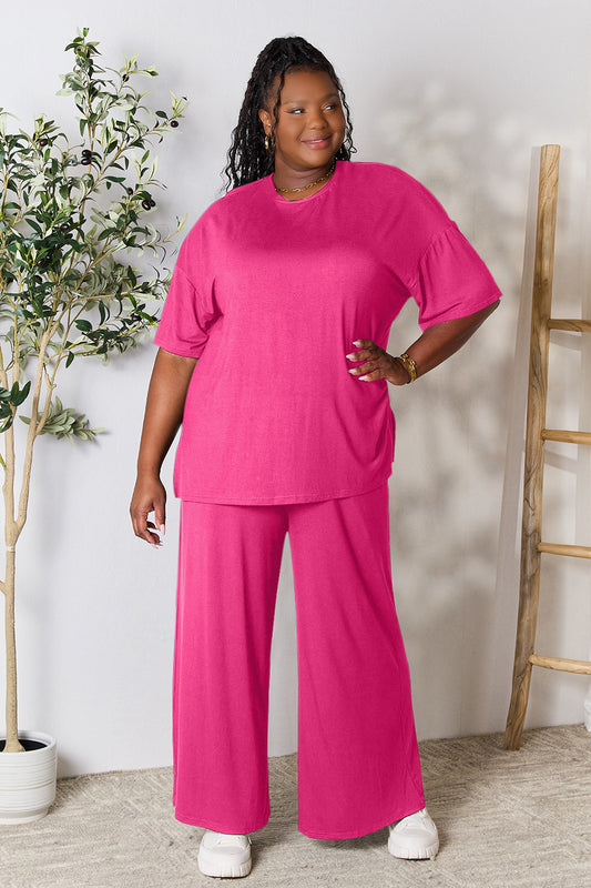 Double Take Full Size Round Neck Slit Top and Pants Set - The Boutie Shop