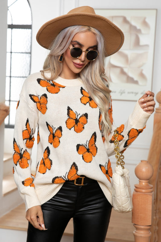 Butterfly Round Neck Long Sleeve Sweater - The Boutie Shop