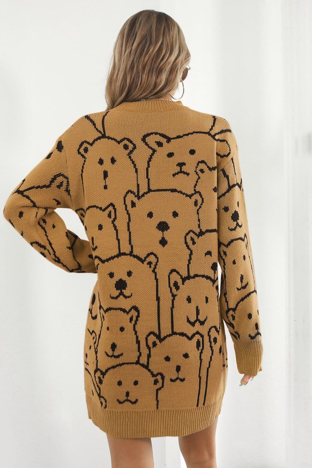 Bear Pattern Round Neck Sweater Dress - The Boutie Shop