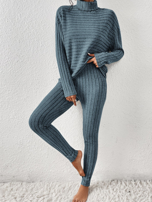 Ribbed Turtleneck Top and Pants Set - The Boutie Shop