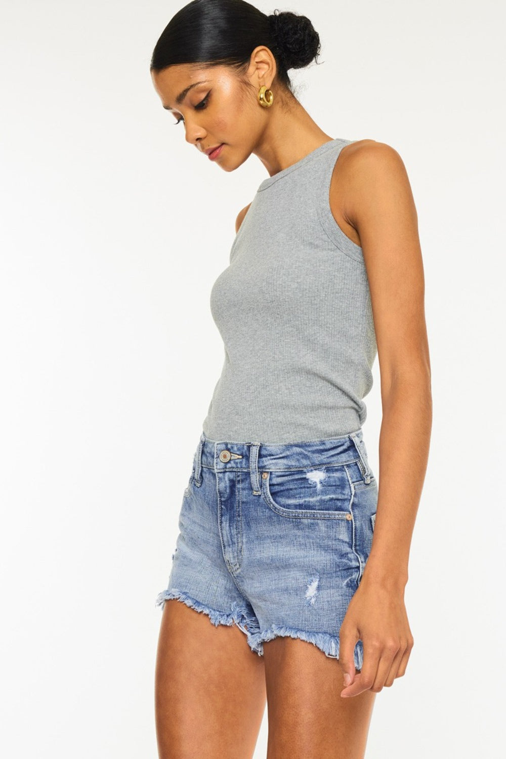 Kancan Distressed Raw Hem Denim Shorts - The Boutie Shop