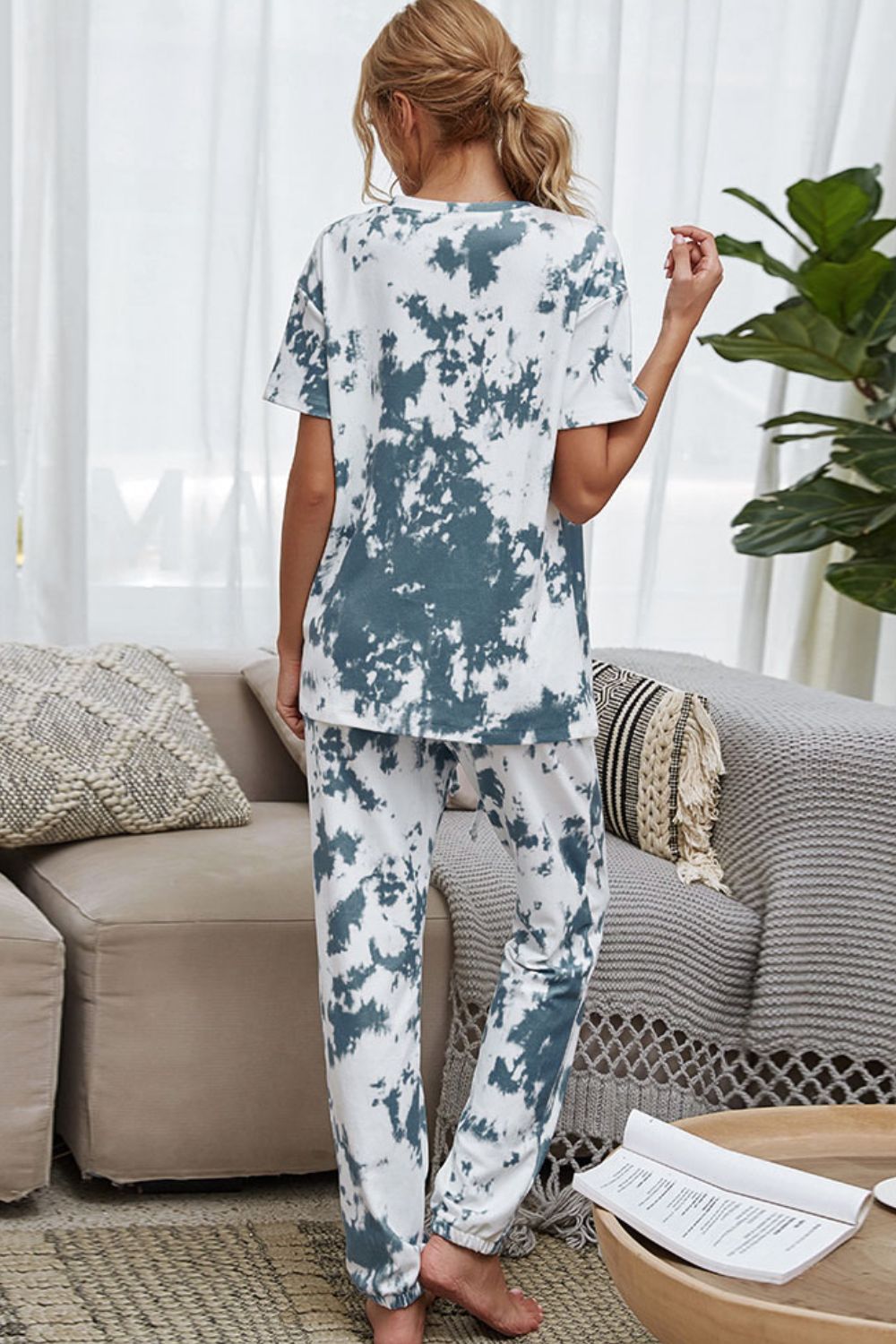 Shiny Tie-Dye Tee and Drawstring Waist Joggers Lounge Set - The Boutie Shop