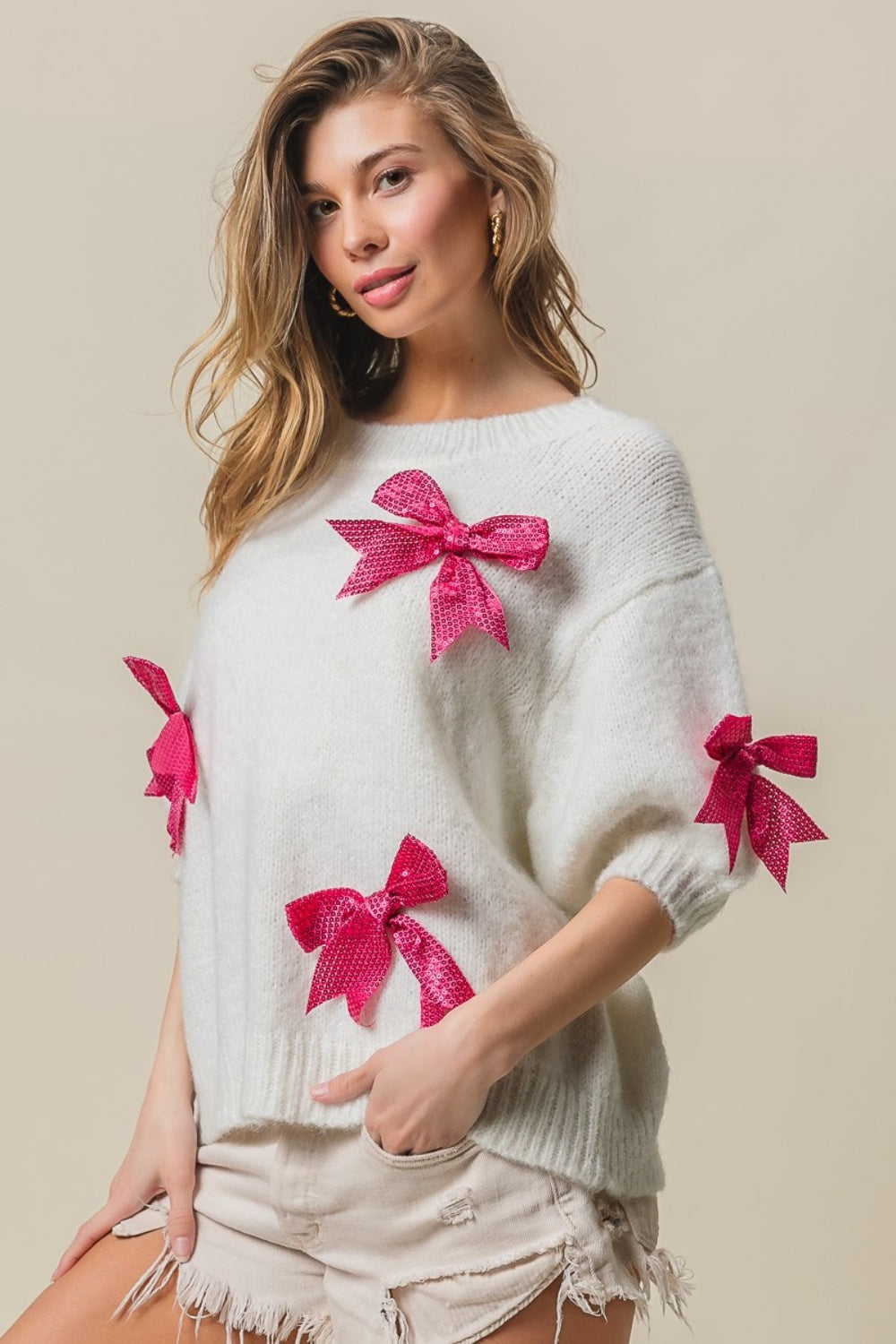 BiBi Sequin Bow Puff Sleeve Sweater - The Boutie Shop