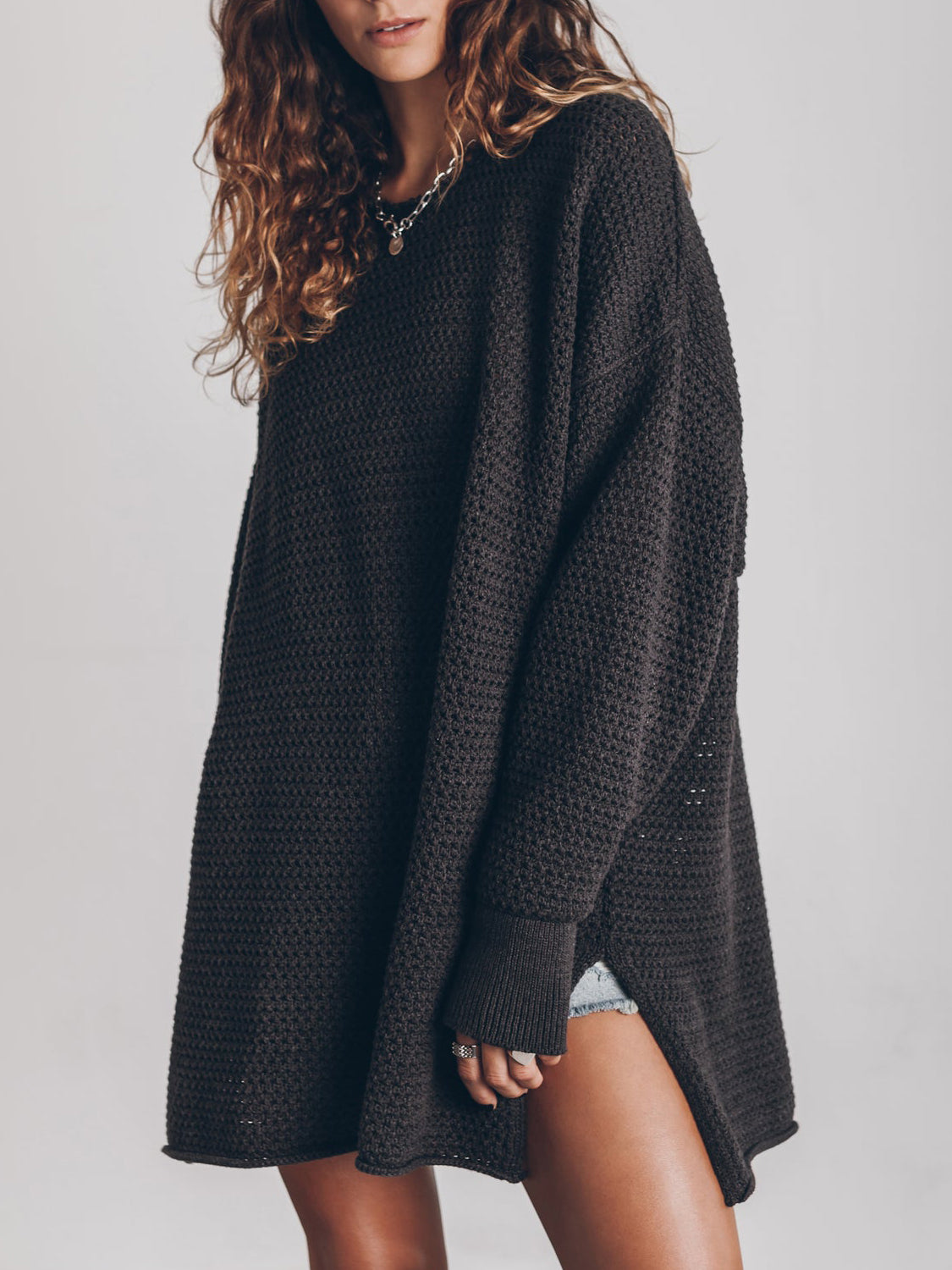 Openwork Round Neck Long Sleeve Slit Sweater - The Boutie Shop