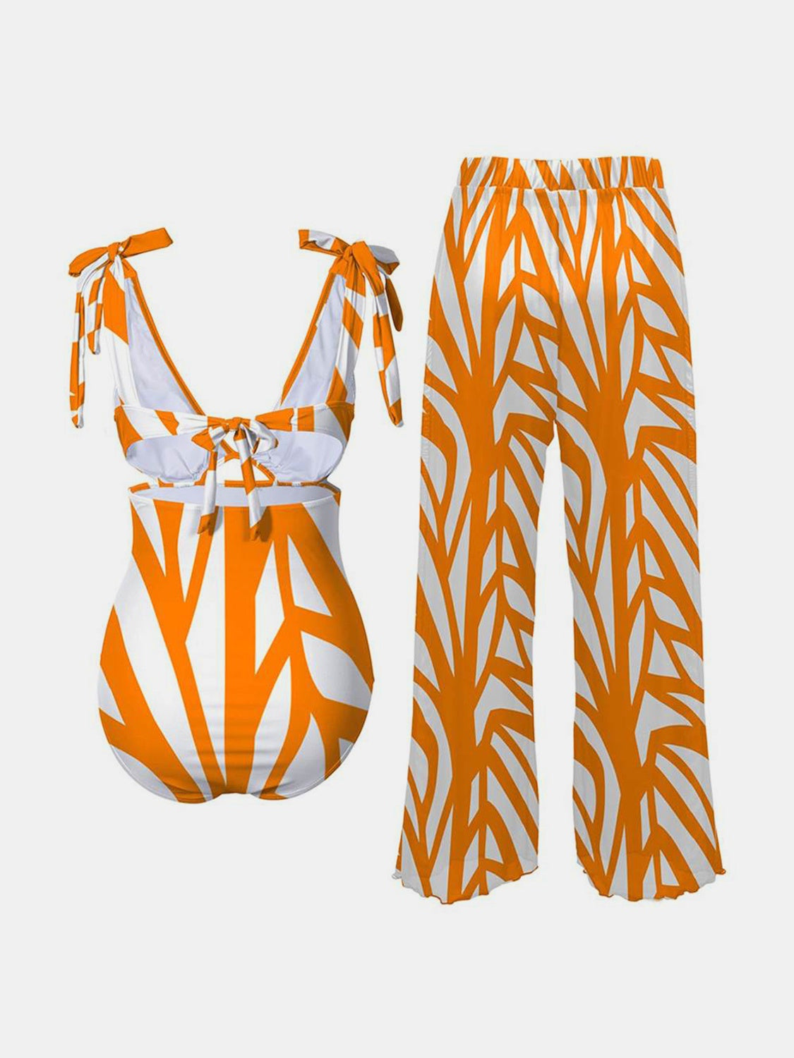 FAM-FAM Printed Tie Shoulder Swimwear and Pants Swim Set - The Boutie Shop