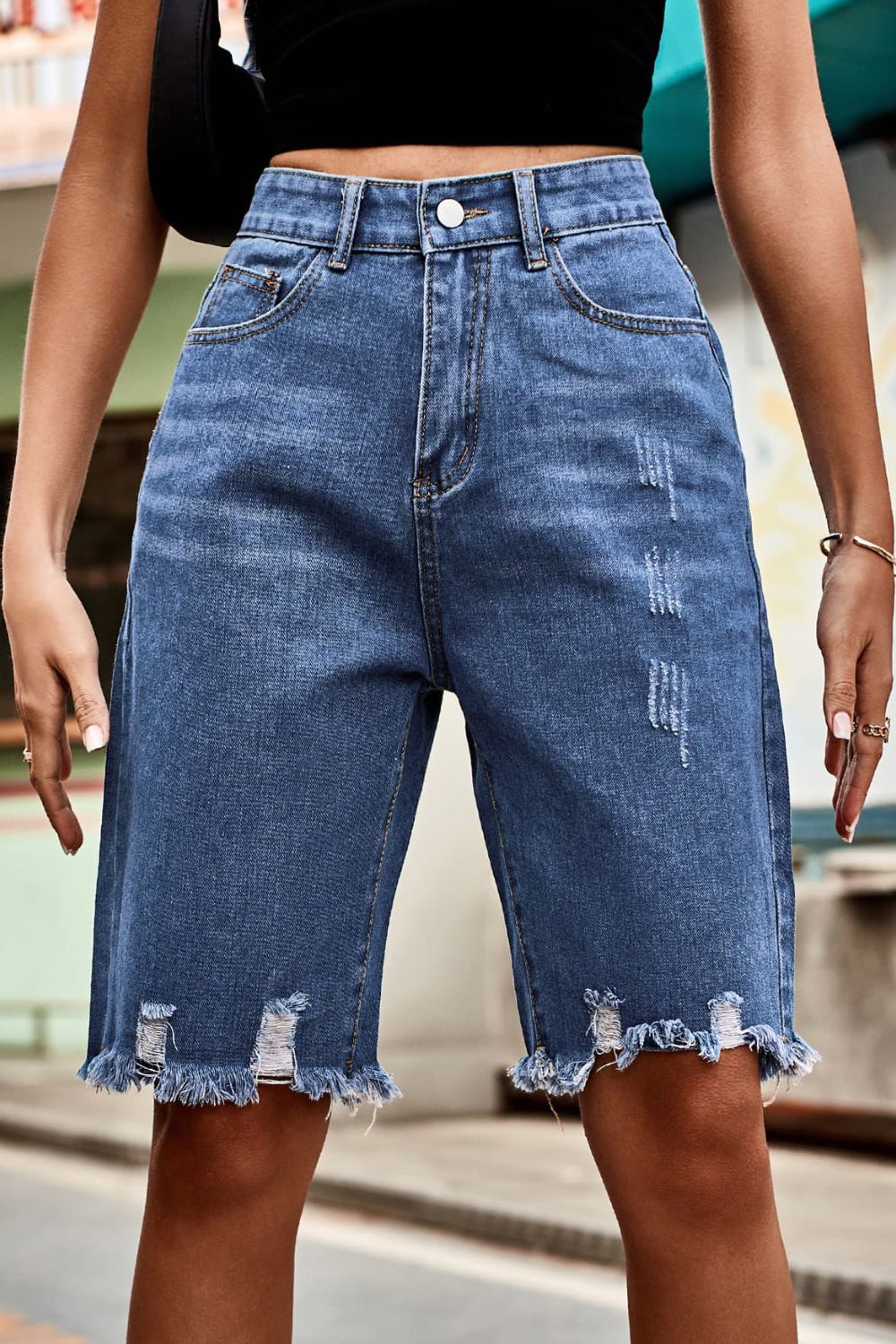 Raw Hem High Waist Denim Shorts with Pockets - The Boutie Shop